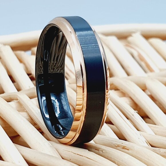 Black and Rose Gold Beveled Edge Tungsten Ring Band, GALTUN780 - Picture 1 of 5